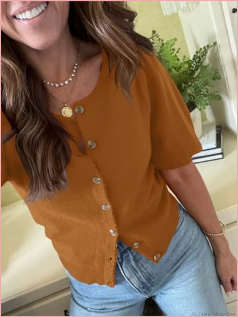 Puff Short Sleeve Cardigan Button Down Knit Crew Neck Summer Sweater Top - Picture 3 of 7